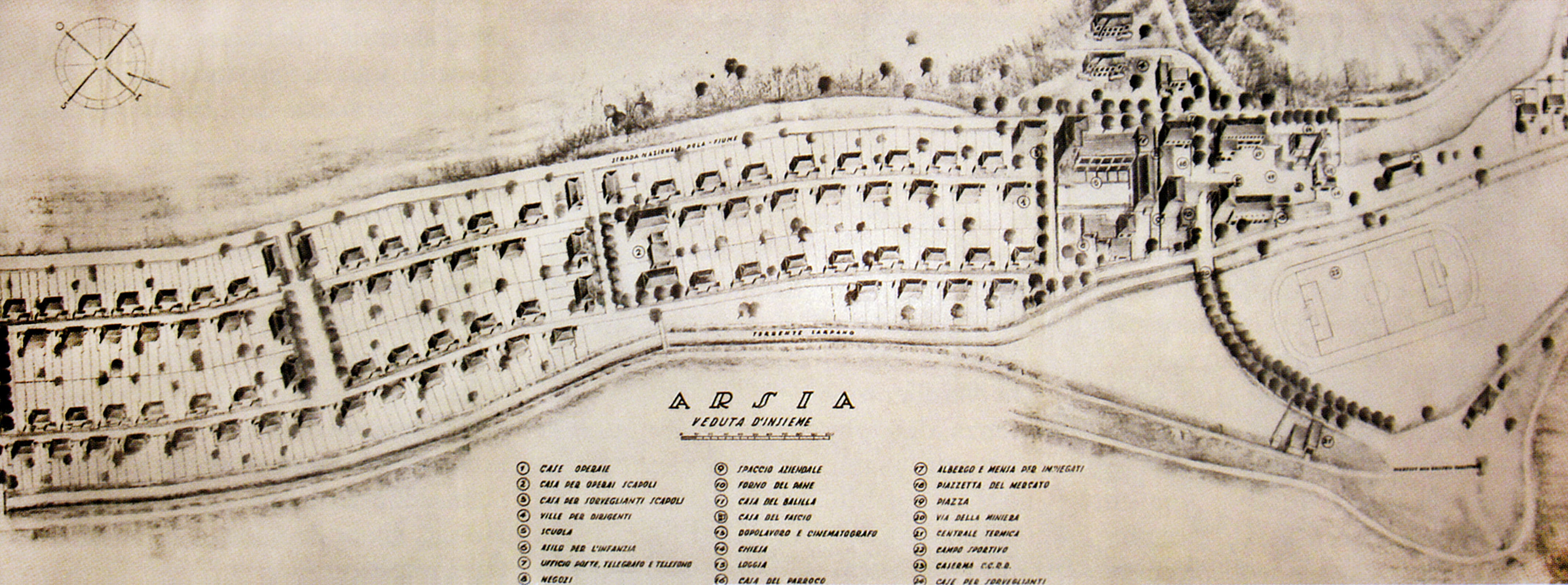 Aksonometrija Raše, 1937. Izvor: Arsia, il villagio per il minatori della S.A. Carbonifera Arsa, Trieste: Editrice Libraria, 1937.