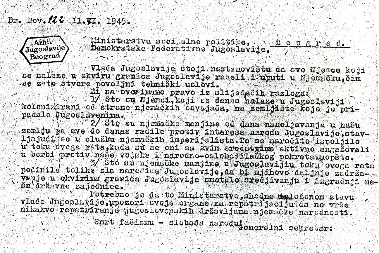 11. lipnja 1945. Izvor: Vladimir Geiger, Velika Pisanica 1945. Sabirni, radni i prolazni logor za folksdojčere, Zagreb, 2020. (Arhiv Jugoslavije, Beograd, 50 – Vlada Federativne Narodne Republike Jugoslavije – Predsedništvo – fasc. 35, spis 73 – [Pretsedništvo Ministarskog saveta DF Jugoslavije, Beograd], Br. Pov. 122 11.VI.1945. Ministarstvu socijalne politike Demokratske Federativne Jugoslavije, Beograd.)