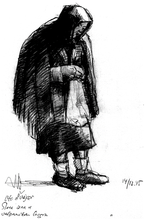 Crtež logoraša Ota Švajcera „Stara žena u valpovačkom logoru“, 14. prosinca 1945. Izvor: Radni logor Valpovo 1945.-1946. Dokumenti, prir. Vladimir Geiger, Osijek, 1999.