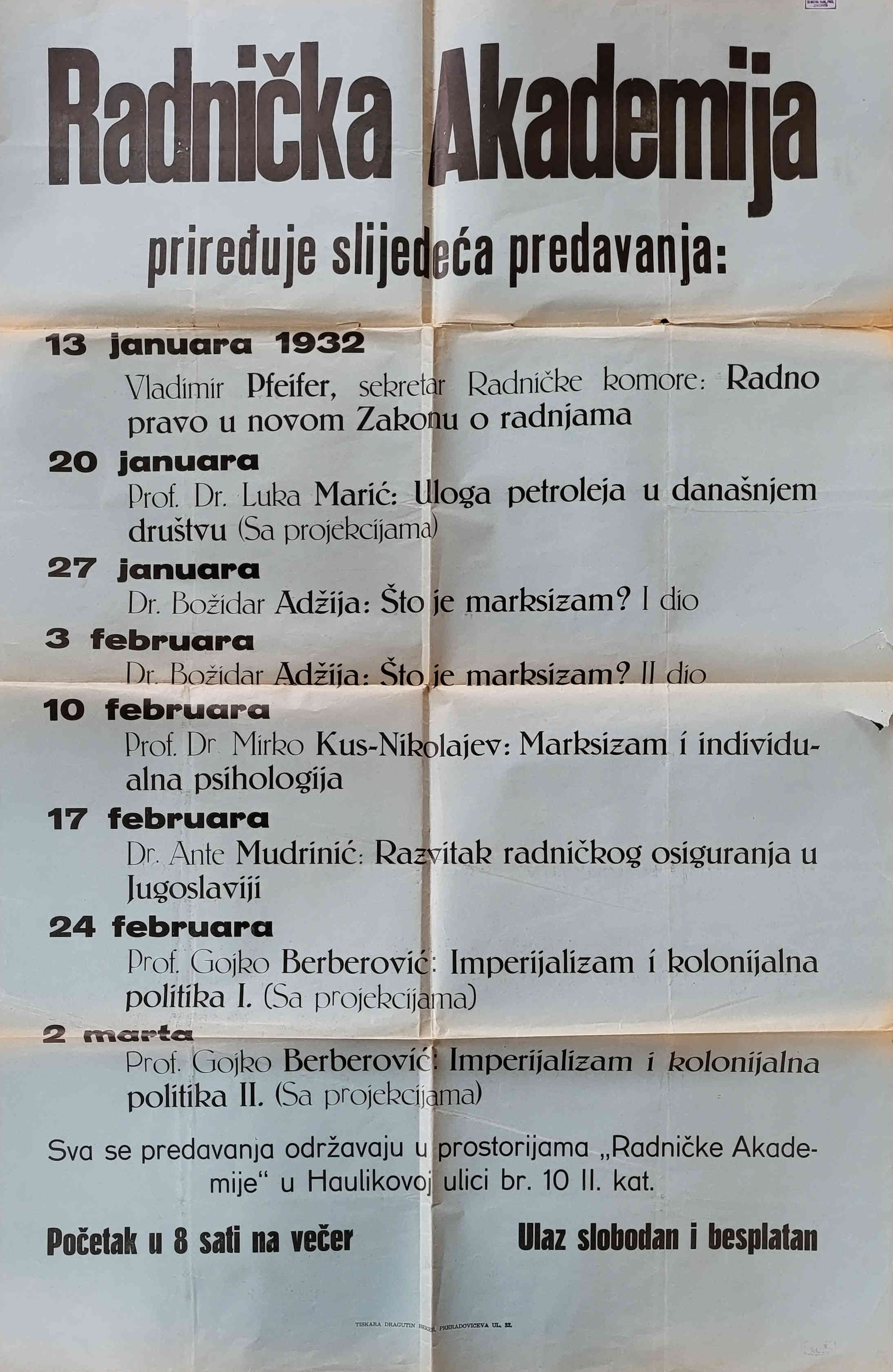 Letak Radničke komore s pozivom na predavanja 1932. Izvor: HR-HDA-1258, kutija 728