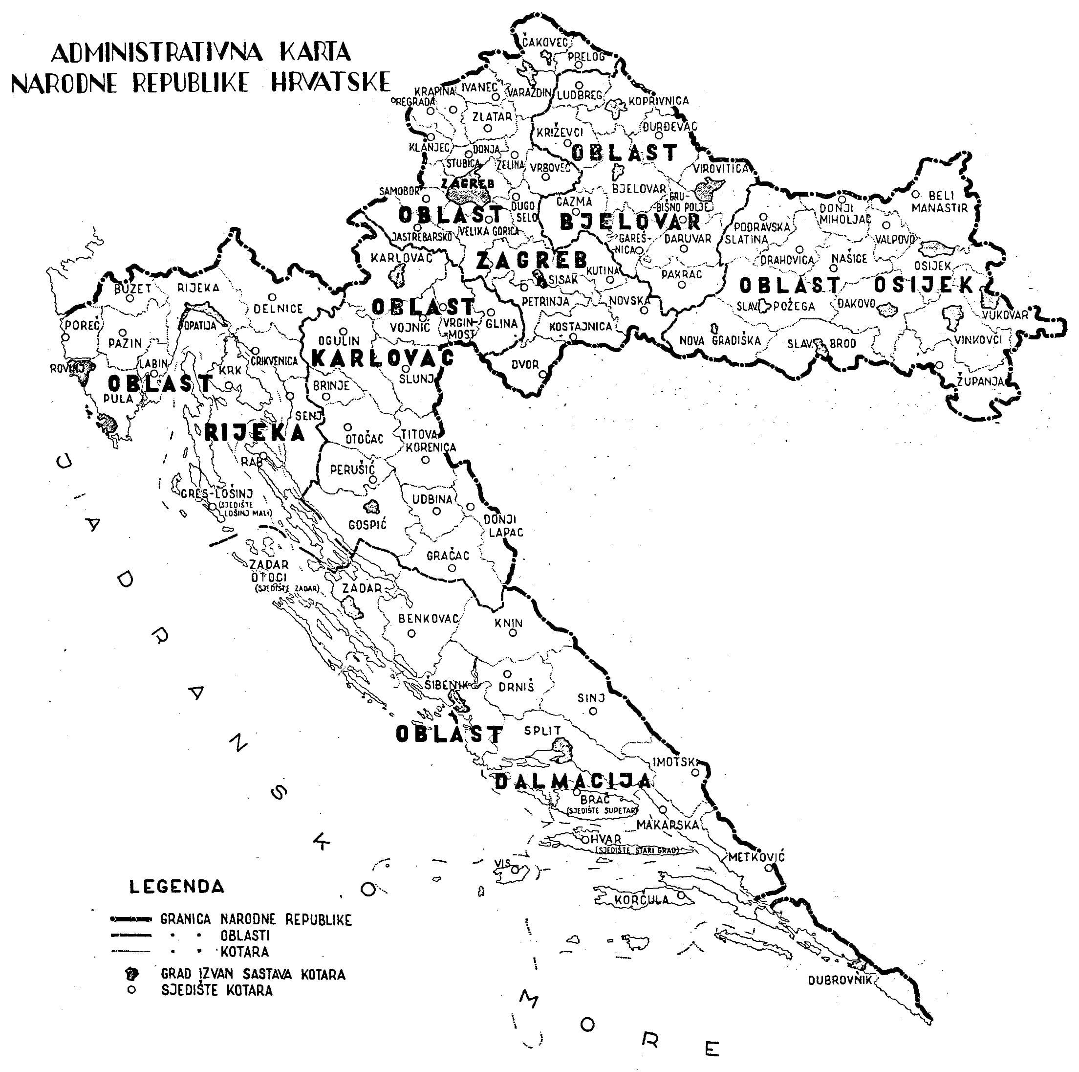 Hrvatska 1949. - Podjela na oblasti. Izvor: Privatno vlasništvo autora