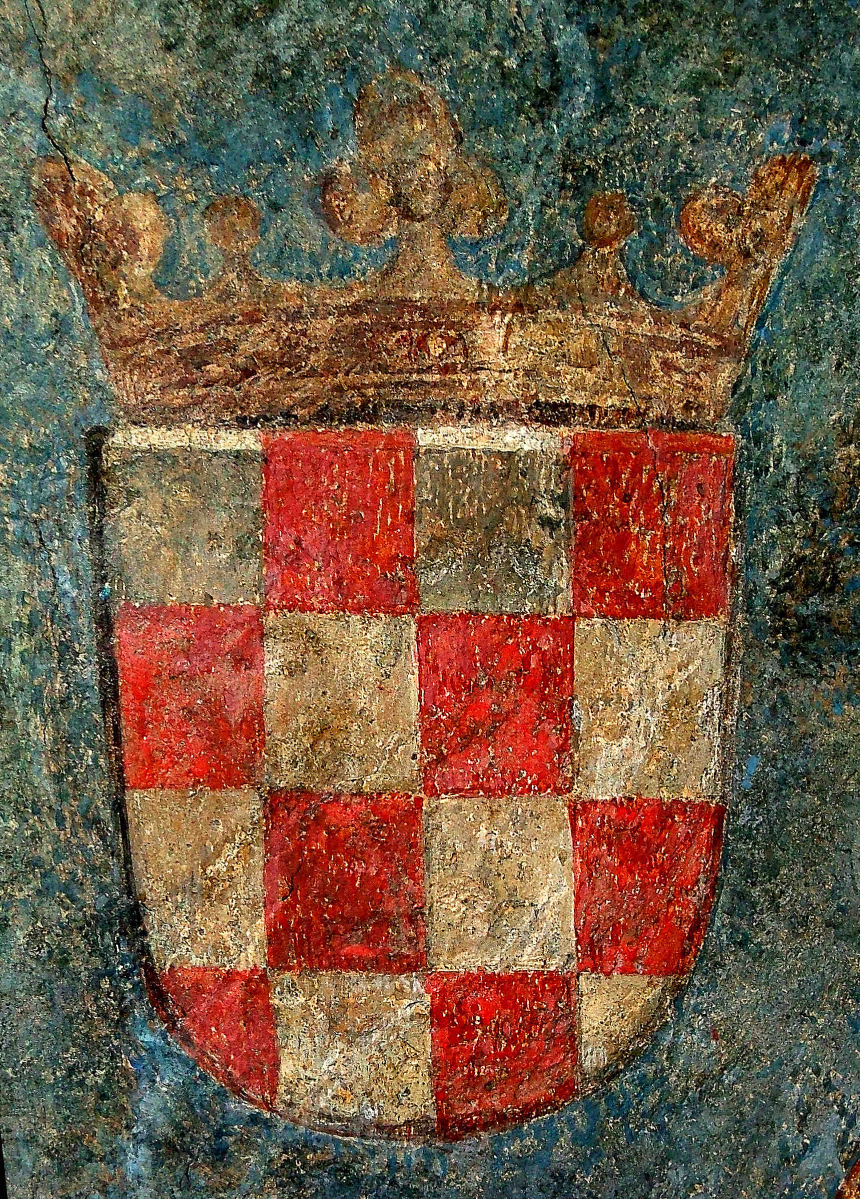 Grb Hrvatske na fresci (na svodu kuće Waltera Zellera) u Innsbrucku iz oko 1495. godine. Izvor: Mario Jareb, Od šahovnice do trobojnice. Razvoj i uporaba hrvatskoga grba i zastave kroz stoljeća, Zagreb: Hrvatski svjetski kongres, Hrvatski institut za povijest, 2021., str. 13; Dubravka Peić Čaldarović – Nikša Stančić, Povijest hrvatskoga grba, Zagreb: Školska knjiga, 2011., str. 50