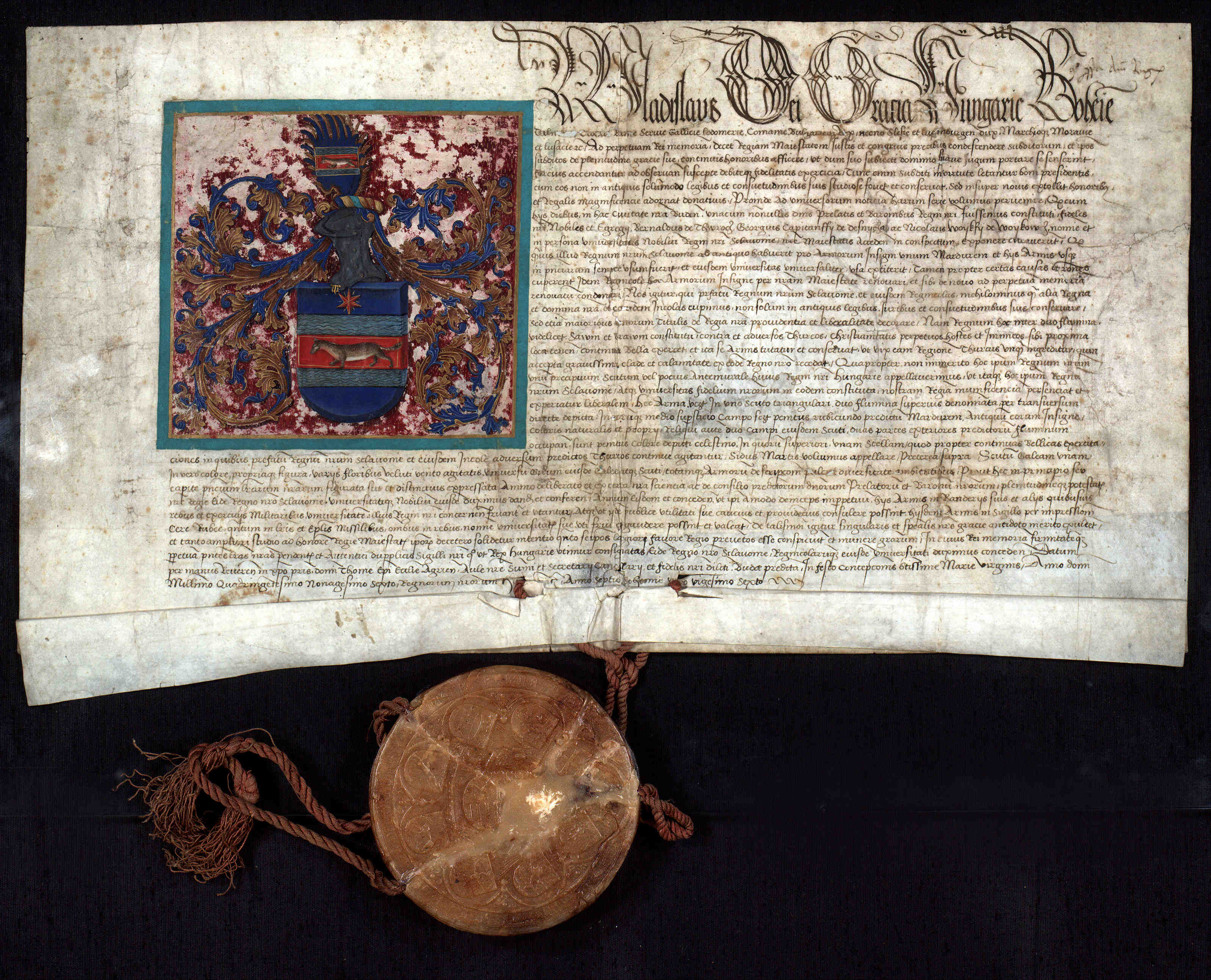Grbovnica Kraljevine Slavonije koju je ugarsko-hrvatski kralj Vladislav II. Jagelović izdao slavonskom plemstvu 1496. godine. Izvor: Ladislav Dobrica, „Heraldički izvori u Hrvatskom državnom arhivu“, https://www.matica.hr/hr/575/heraldicki-izvori-u-hrvatskom-drzavnom-arhivu-28997/