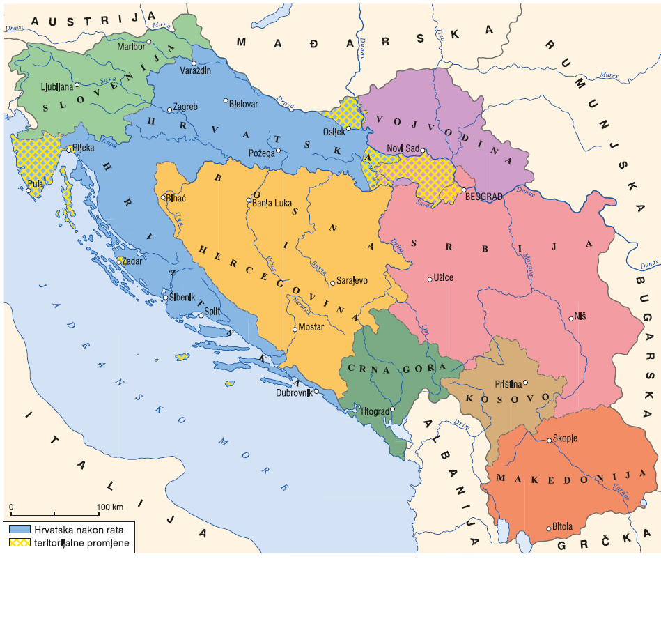 Teritorijalno-upravna podjela nakon Drugoga svjetskog rata. Izvor: Krešimir Erdelja, Igor Stojaković, Tragovi 4: udžbenik povijesti u četvrtom razredu gimnazije, Zagreb: Školska knjiga, 2024.