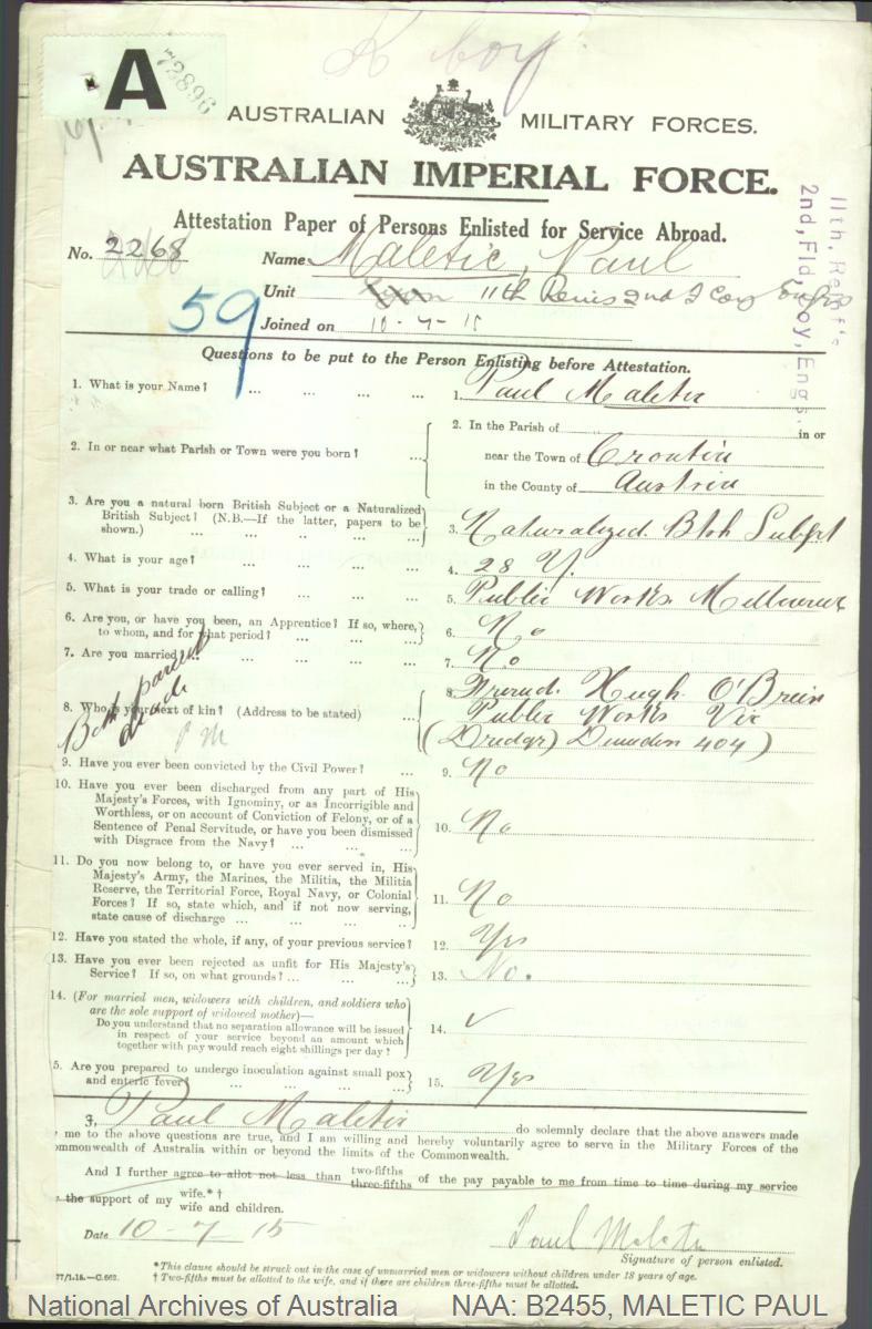 Maletić Paul, hrvatski iseljenik, služio u australskoj vojsci u Prvom svjetskom ratu (Izvor: National Archives of Australia, https://recordsearch.naa.gov.au/SearchNRetrieve/Interface/DetailsReports/ItemDetail.aspx?Barcode=8213502&isAv=N)