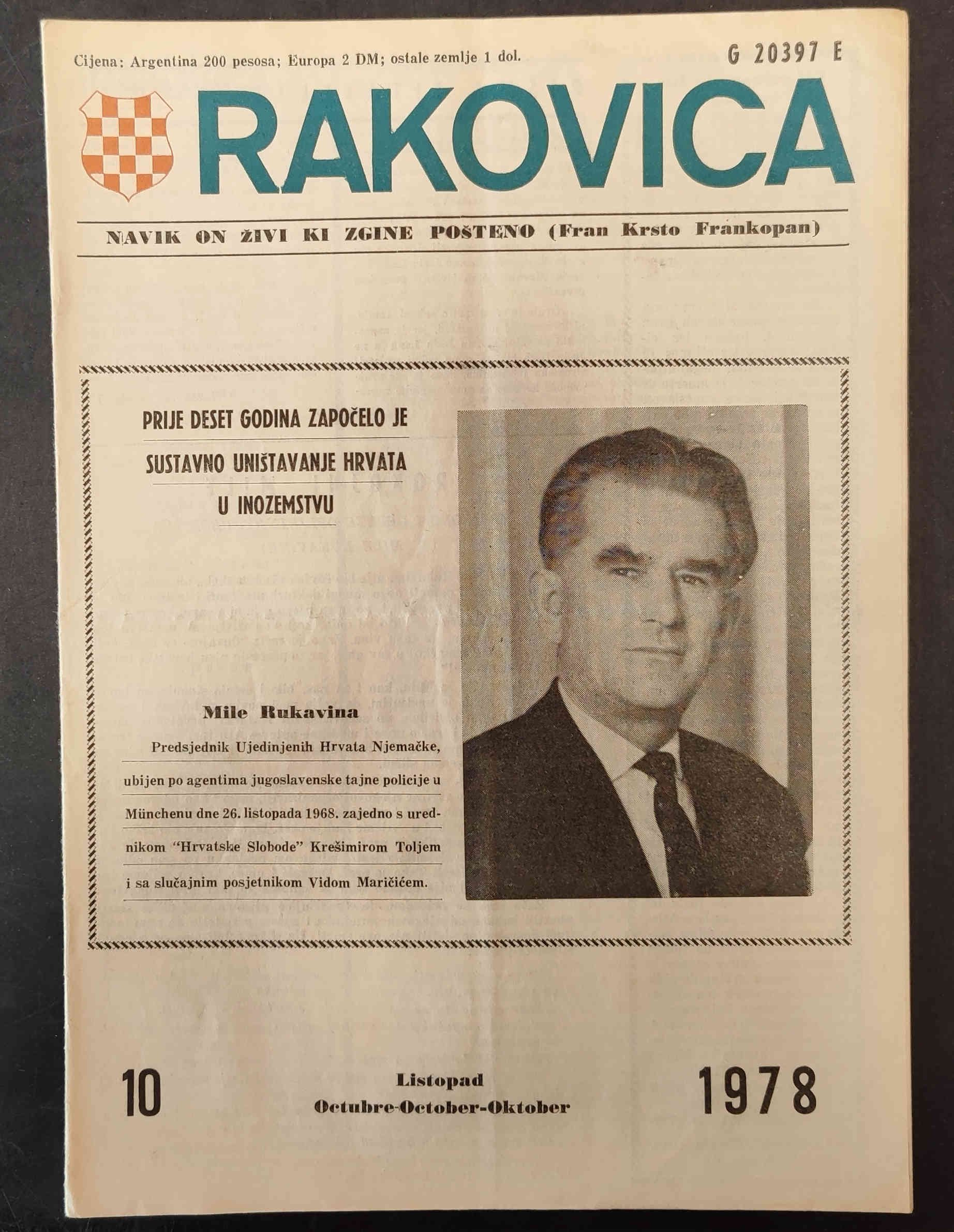 Obilježavanje obljetnice ubojstva emigranta Mile Rukavine u časopisu Rakovica. Izvor: Rakovica (Buenos Aires), br. 10, listopad 1978. Naslovna stranica.