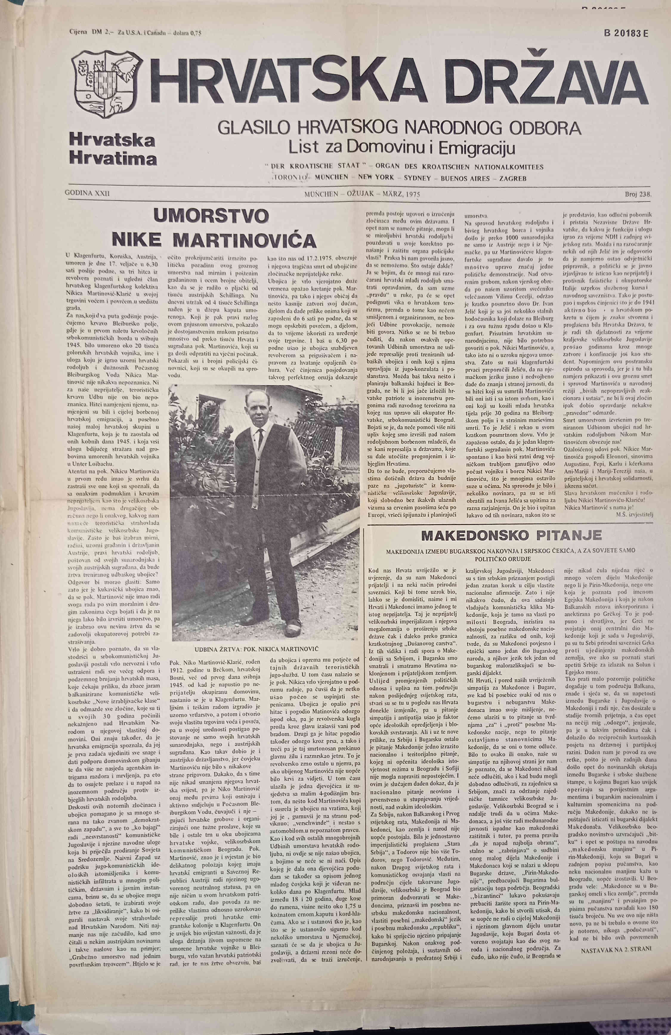 ''Umorstvo Nike Martinovića''. Izvor: Hrvatska država (Berlin, München), br. 238, ožujak 1975. 1.