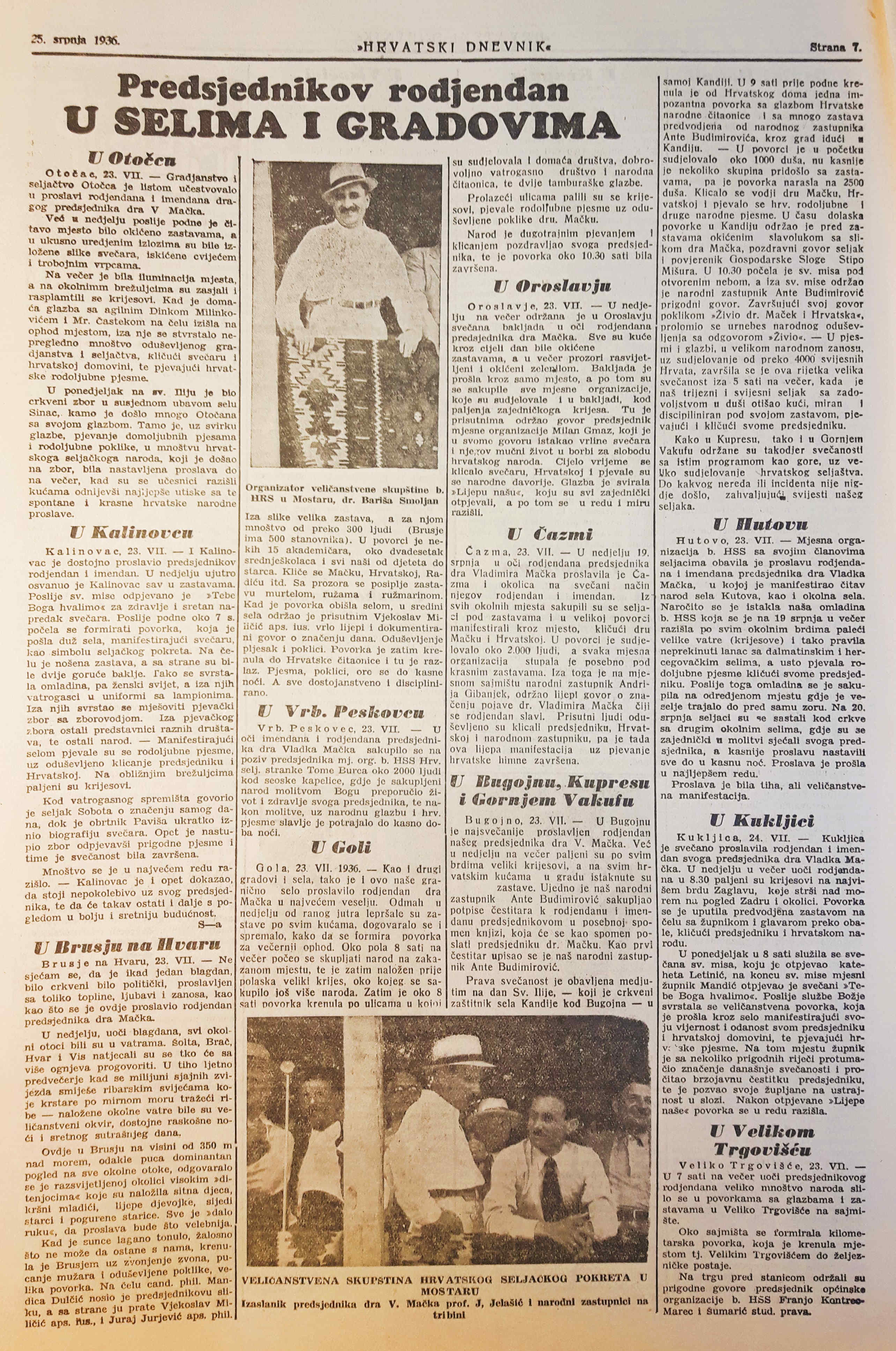 Opisi proslava Mačekovog rođendana. Izvor: Hrvatski dnevnik, 25.7.1936., str.7.
