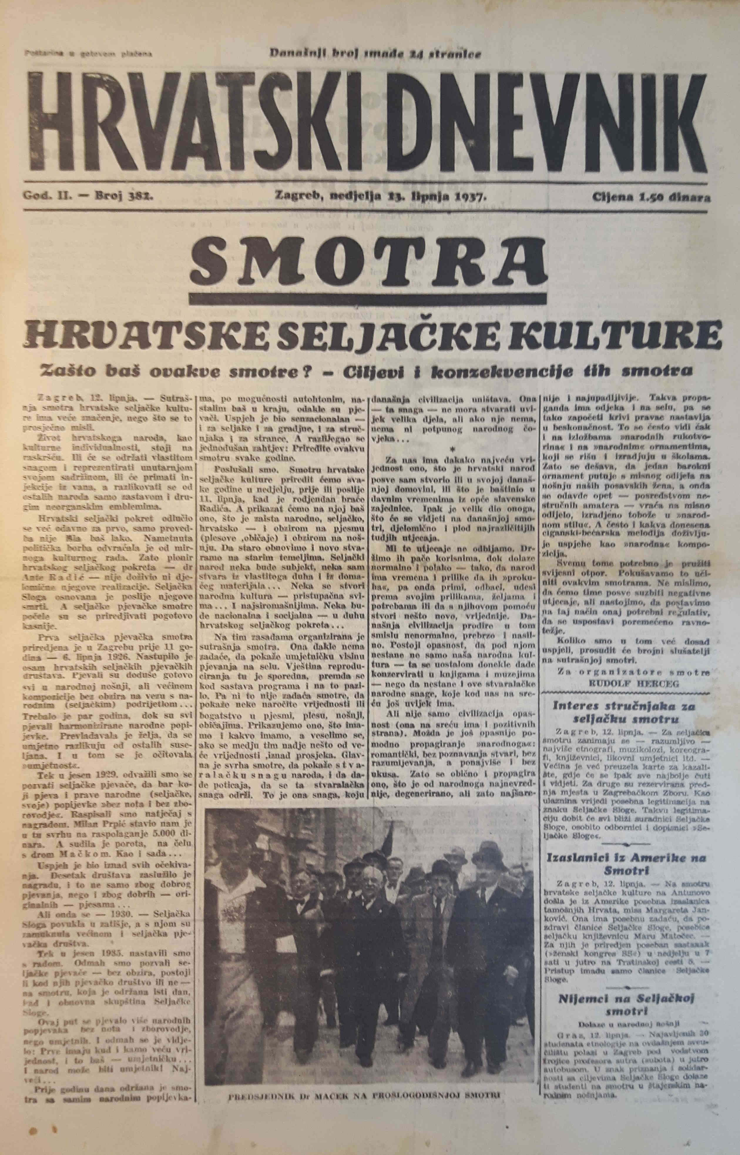 Proslava Rođendana braće Radić 1937. Predsjednik Seljačke sloge Rudolf Herceg pojašnjava značenje smotri i kulturnog pokreta kojeg vode. Izvor: Hrvatski dnevnik, god. 2, br. 382 (13.6.1937), str. 1.