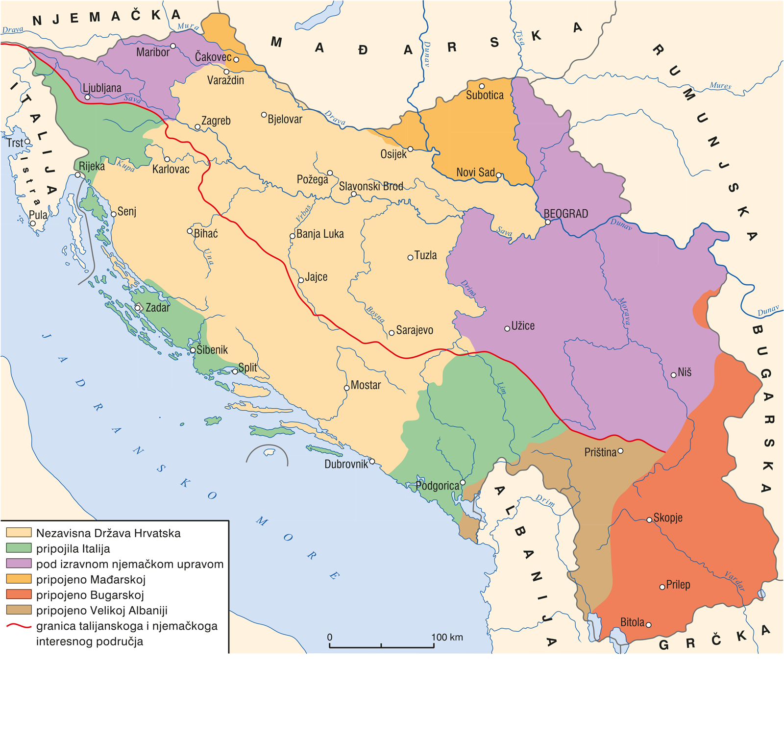 Podjela Jugoslavije 1941. Izvor: Krešimir Erdelja, Igor Stojaković, Tragovi 4: udžbenik povijesti u četvrtom razredu gimnazije, Zagreb: Školska knjiga, 2024.