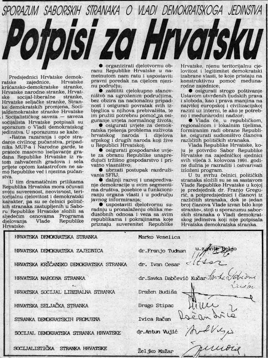 Potpisi za Hrvatsku. Izvor: Slobodna Dalmacija (Split), 4. kolovoza 1991., str. 3.