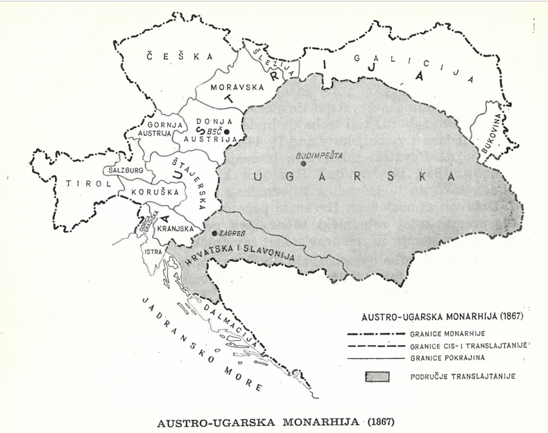 Povijesni zemljovid Austro-Ugarske Monarhije 1867. Izvor: Gross, Mirjana, Igor Karaman, Dragovan Šepić i Jaroslav Šidak. Povijest hrvatskog naroda 1860–1914. Zagreb: Školska knjiga, 1968., str. 42.