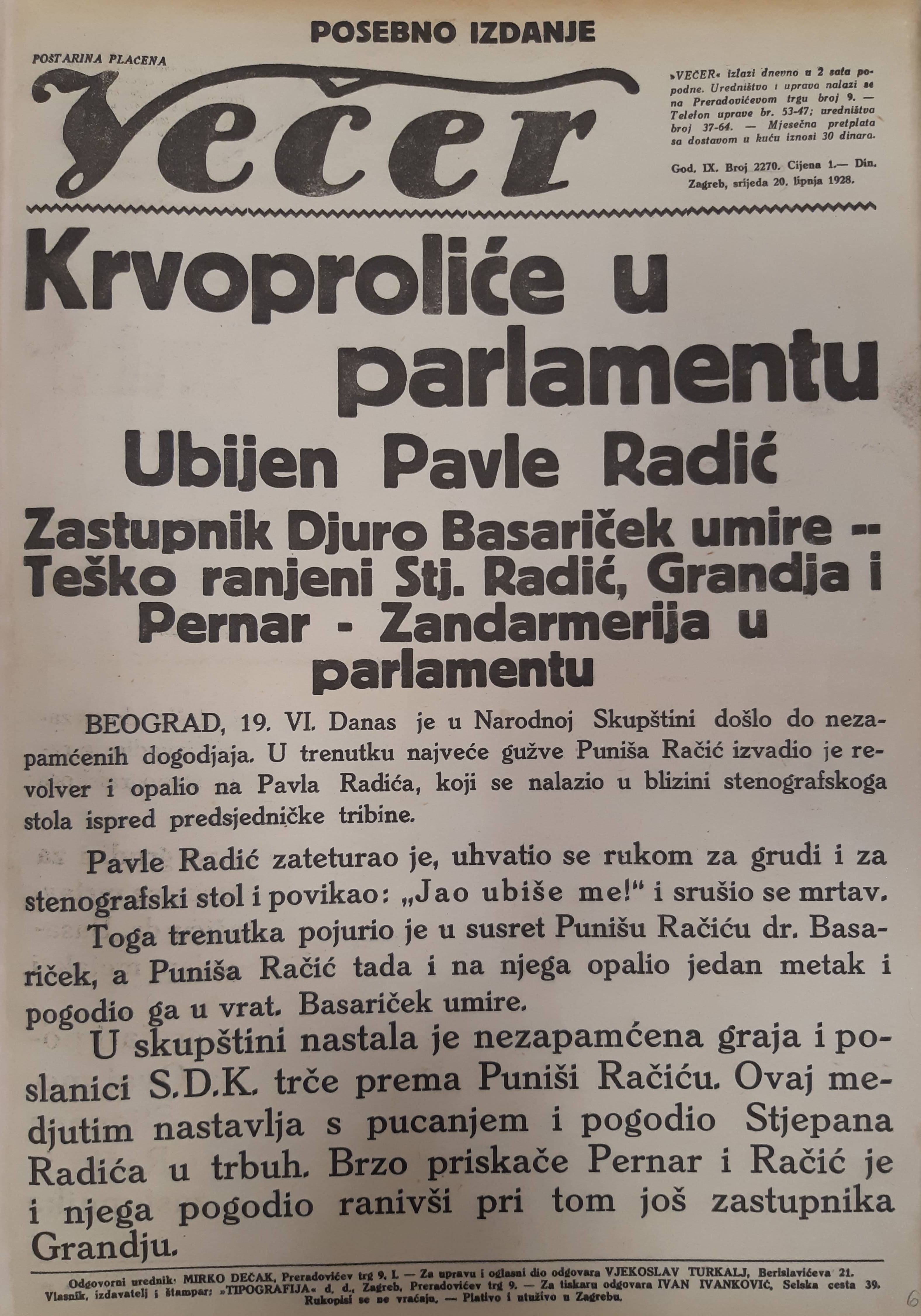 Naslovnica posebnog izdanja dnevnika Večer od 20. lipnja 1928. Izvor: Večer, god. IX., br. 2270, 20. 6. 1928., 1.