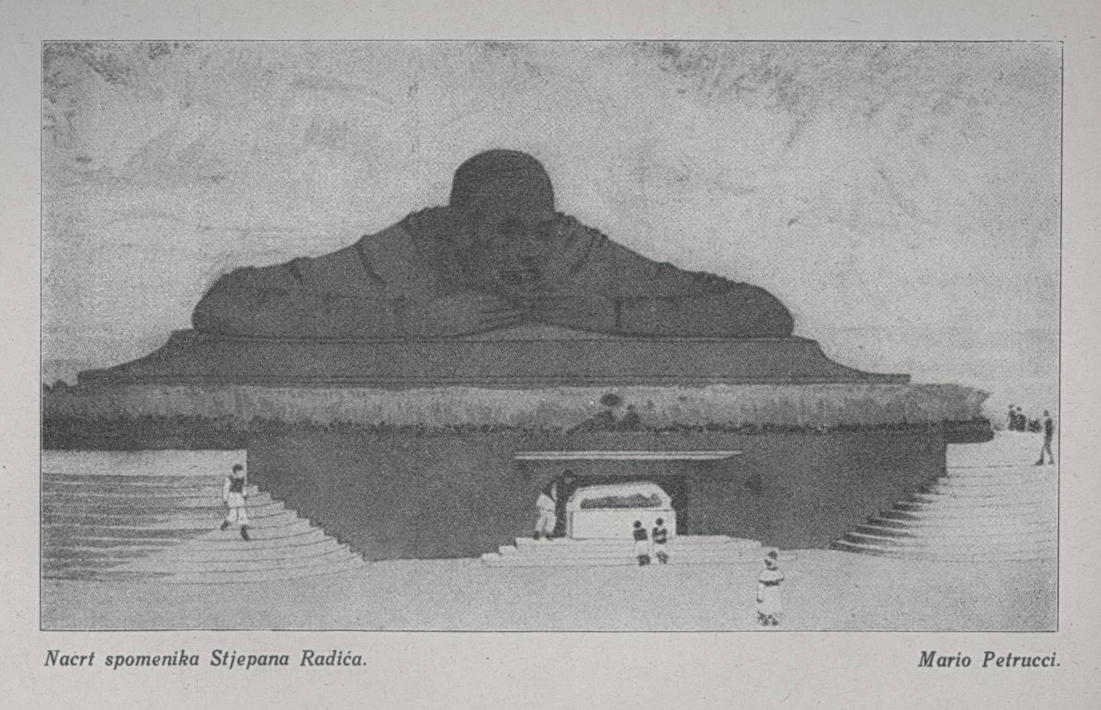 Mario Petrucci, Nacrt spomenika Stjepana Radića 1930. Izvor: Evolucija, god. IV., br. 1, 1936., 24. – posljednja stranica broja.