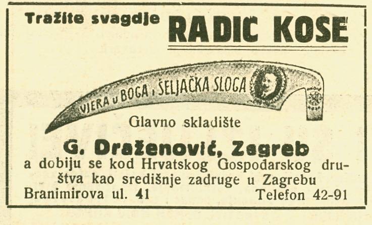 Reklama za „Radić kose“ za košenje. Izvor: Gospodarski list, god. LXXXIX., br. 3, 49.