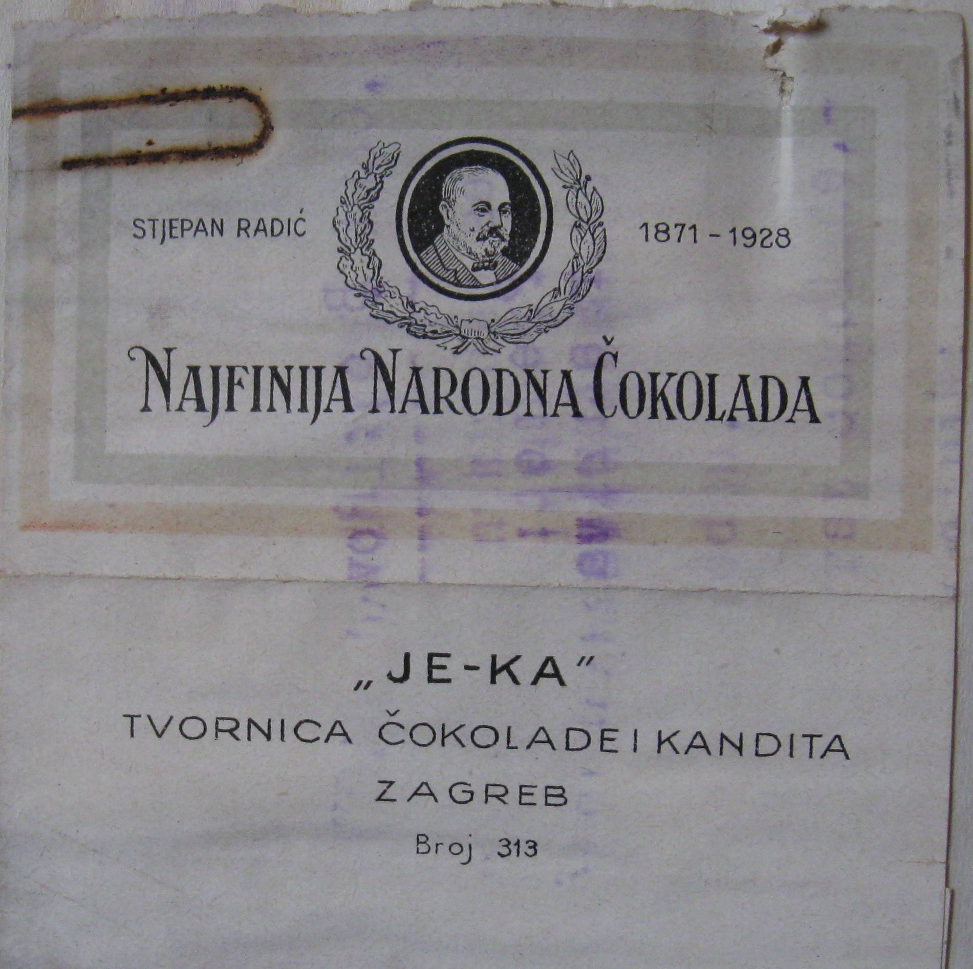 Omot „Najfinije narodne čokolade Stjepan Radić“ Izvor: Hrvatski državni arhiv- 144; Savska banovina – Upravno odjeljenje, kutija 30, 9861/1930.