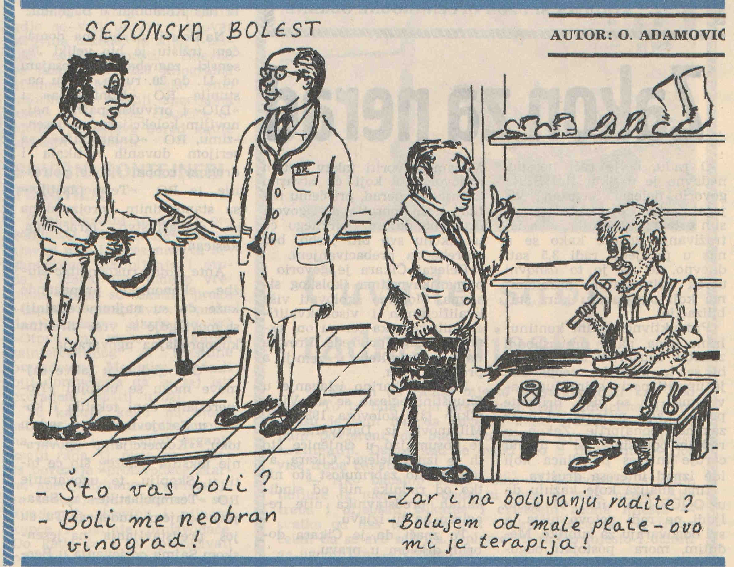 Karikatura objavljena 1981. u glasilu „Jugoplastike“ o radnicima koji su na bolovanje odlazili kako bi ostvarili dodatnu zaradu. (IZVOR: Jugoplastika, list konferencije Saveza sindikata, br. 173, Split, rujan 1981.)