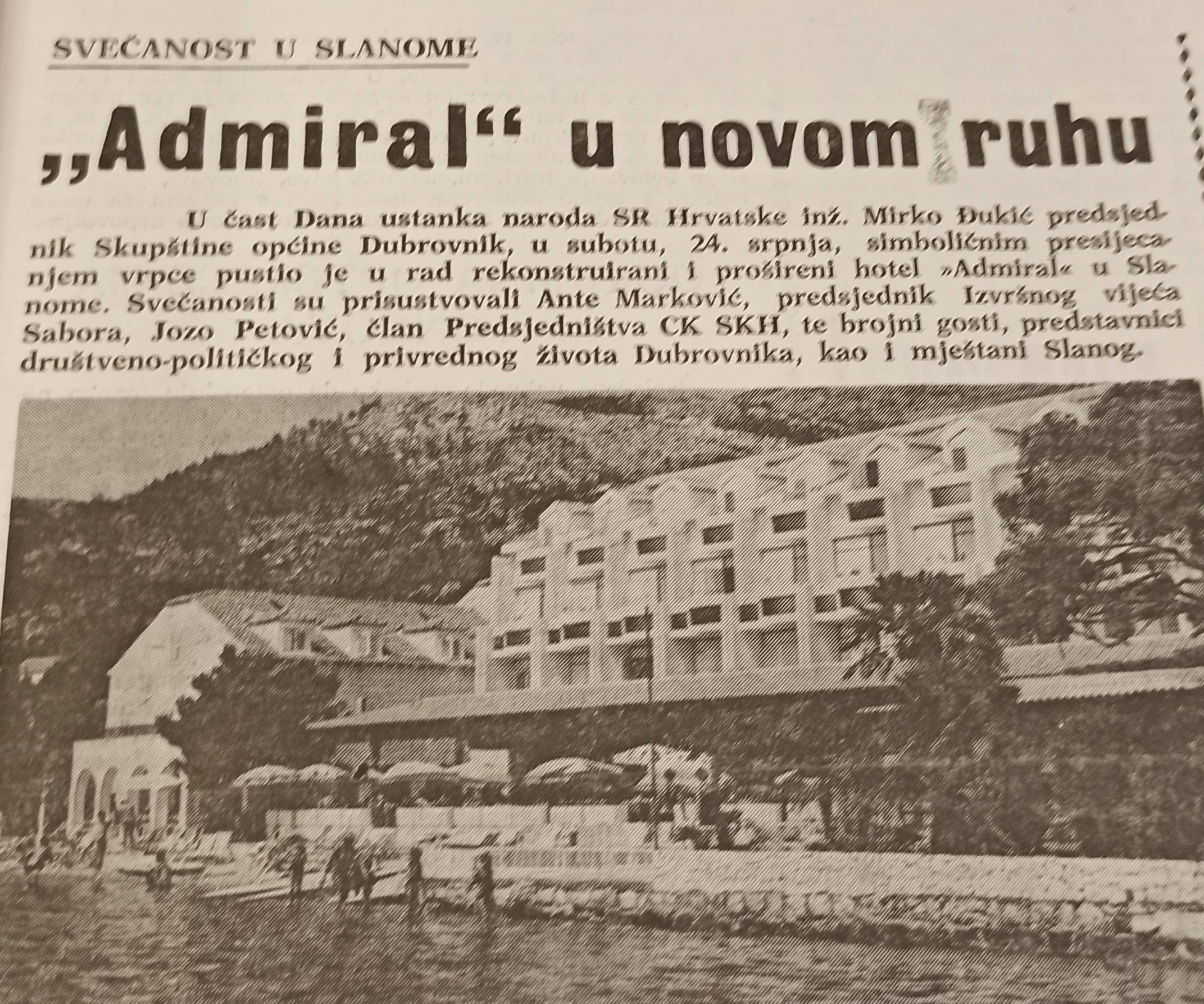 Hotel Admiral u Slanome. Izvor: Dubrovački vjesnik, br. 1658 (30. srpnja 1982.).